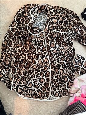 aerie Leopard Print Satin Pajama Top with White Piping
